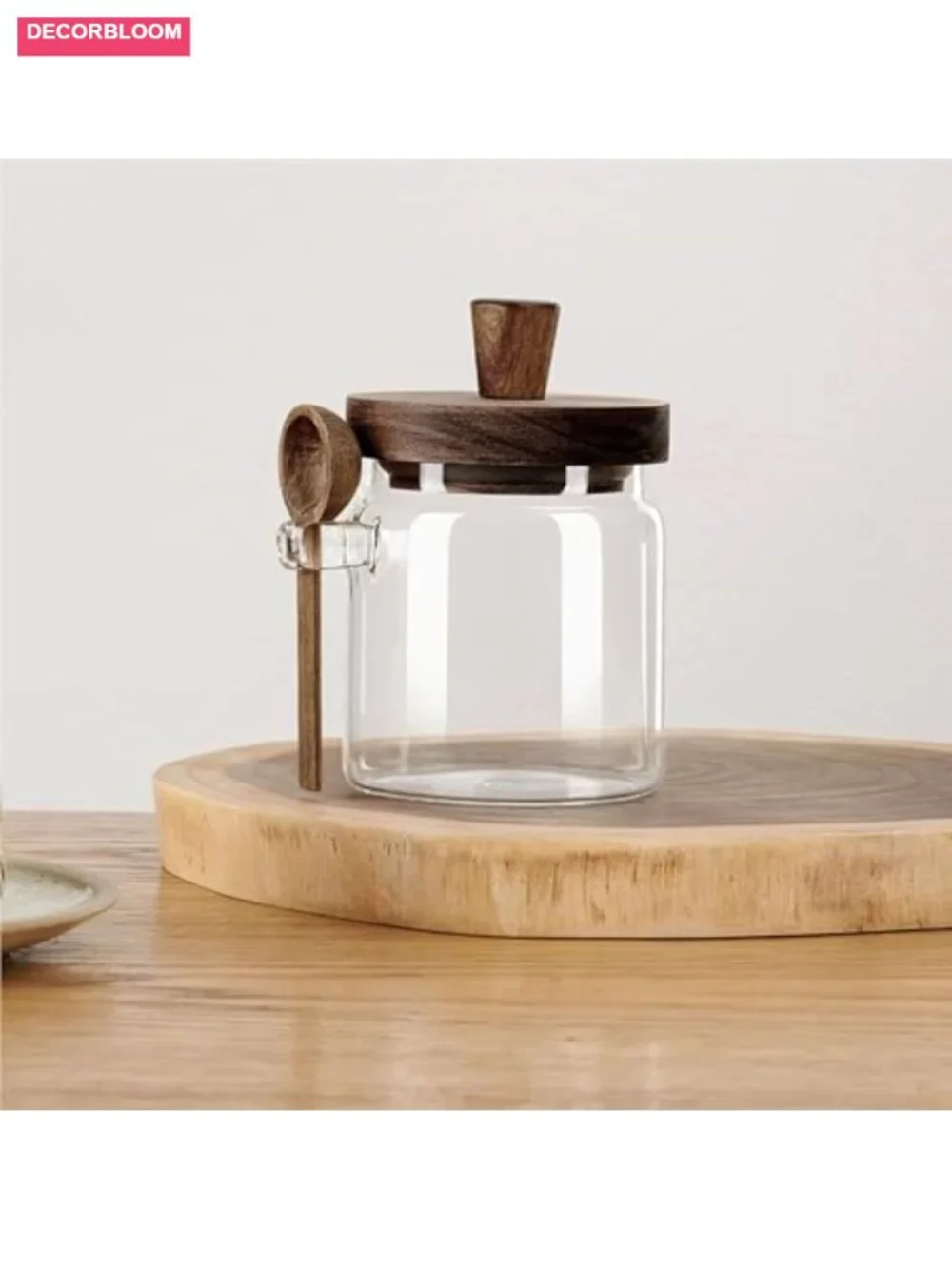 Glass Food Storage Jar with Acacia Wooden Lid and Spoon, Airtight Container,
